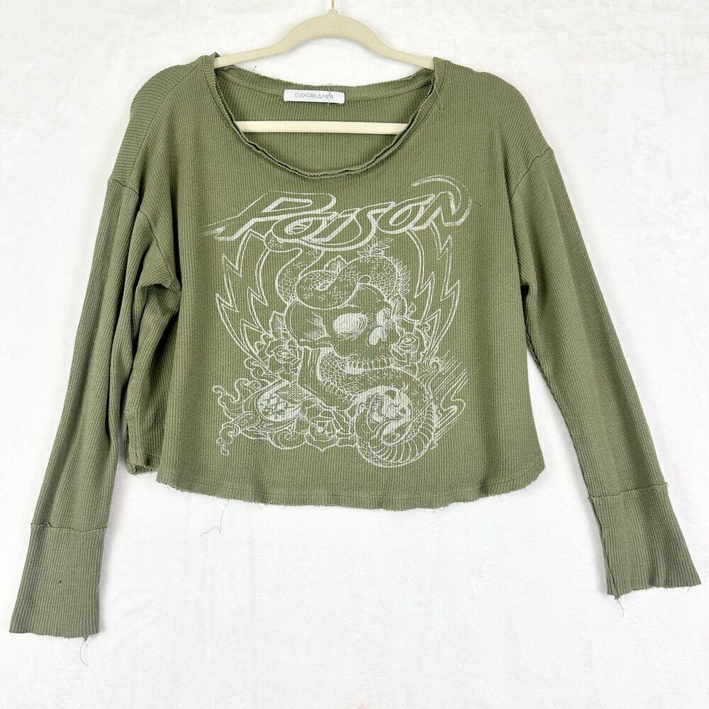 Daydreamer Poison Crop Thermal Waffle Knit Band Tee Size Small Modal Green Rare